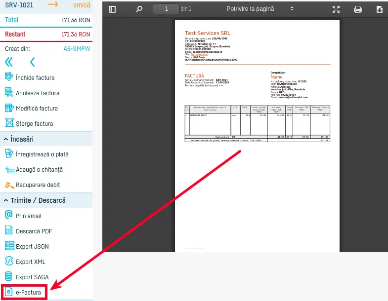 Descărcare factură în format e-Factura XML(UBL)